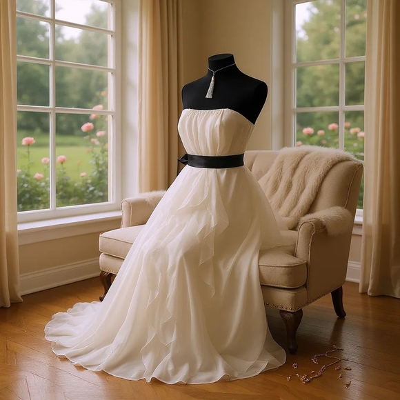 Chic Strapless Cream Dress with Black Sash - Picture 1 of 1